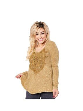 Affliction Long Sleeve Waffle Knit Top Mustard Size L Y2K Casual Punk Neutral